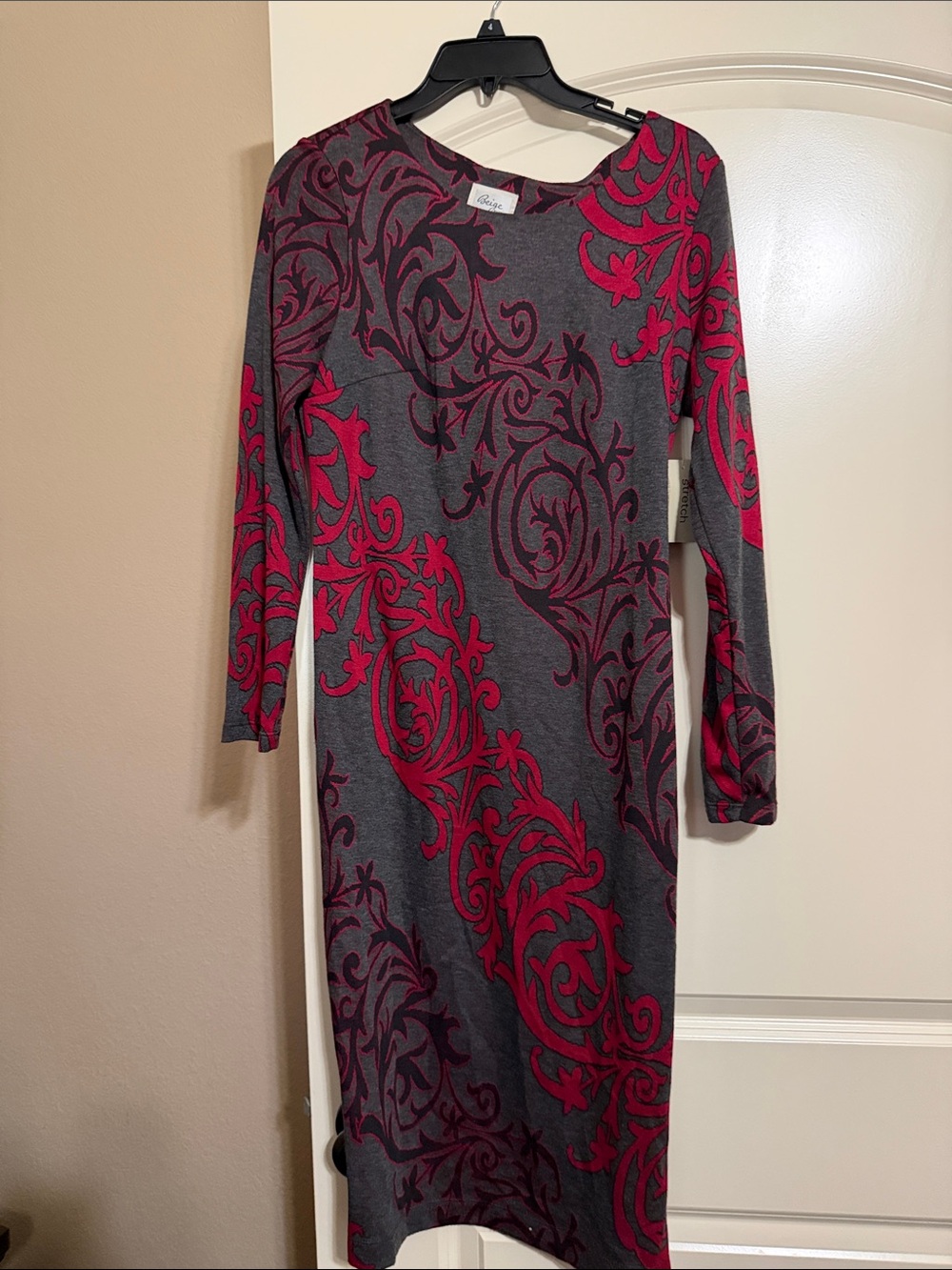 Beige by eci Gray Dress with Magenta Scroll Print